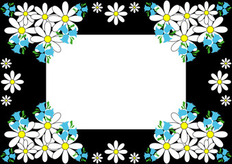 The greeting card,background with daisies and bluebells on a black