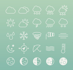 Set of Isolated Quality Universal Standard Minimal Simple White Weather Thin Line Icons on Color Background.