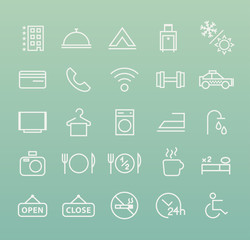 Set of Quality Universal Standard Minimal Simple Hotel White Thin Line Icons on Color Background.