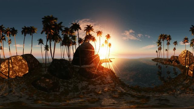 panoramic of tropical beach at sunset. made with the one 360 ​​degree lense on moving camera without any seams. 360 ready for virtual reality