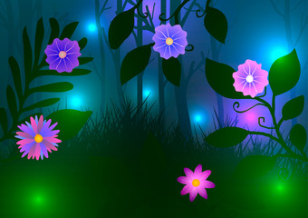 Vector illustration. Green forest with flowers and fireflies at night.