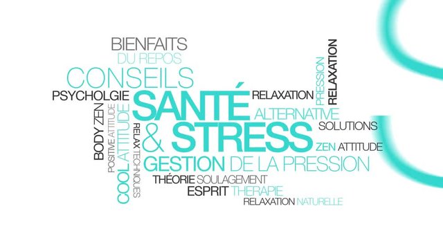 Sant&eacute; et Gestion du stress relaxation zen contre burnout nuage de mots turquoise texte bien-&ecirc;tre th&eacute;rapie psychologie