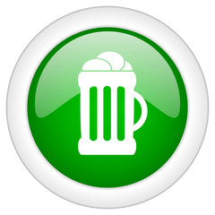 Green glossy round vector beer web icon