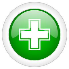 Green glossy round cross vector icon