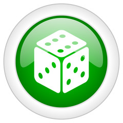 Green glossy round dice vector icon