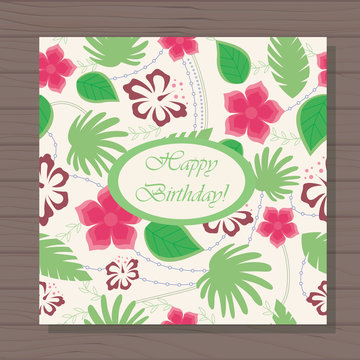 Happy Birthday Card Hawaiian Pattern On Wooden Background