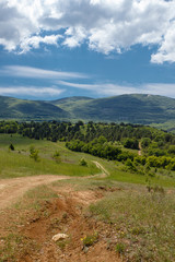 Fototapeta premium Summer field with road and clouds in blue sky.