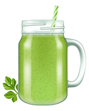 Raw fresh green vegetable smoothie in a mason jar mug. Vector illustration.