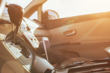 Car interior luxury. Interior of prestige modern car. Leather comfortable seats, dashboard &...