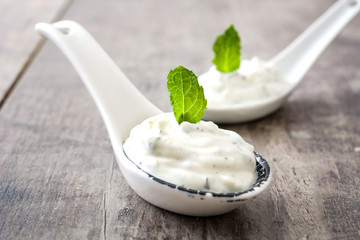 Tzatziki sauce and mint on spoon

