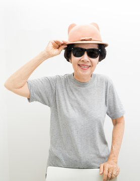 old women wear hat and sunglasses  smailling ,asian people, asia