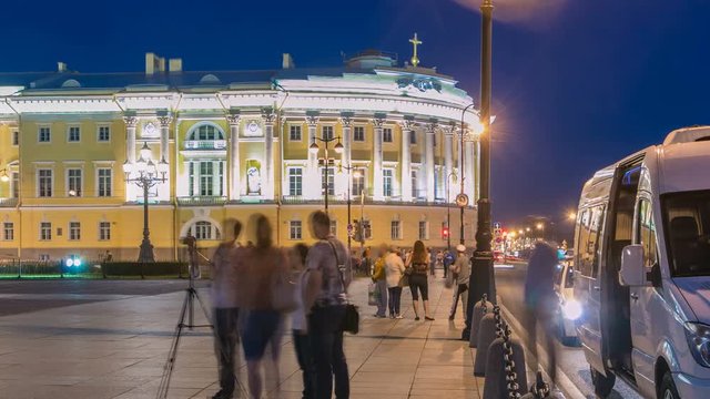 Building of the Russian constitutional court timelapse near Monument to Peter I, building of library of a name of Boris Yeltsin, night illumination. Russia, Saint-Petersburg