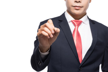 Hands with pen writing on screen isolated