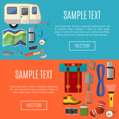 Camping and hiking symbols and icons on banners set flat vector illustration