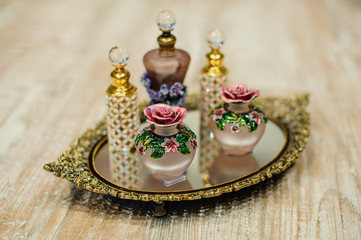 Group different antique and vintage, very old glass bottles