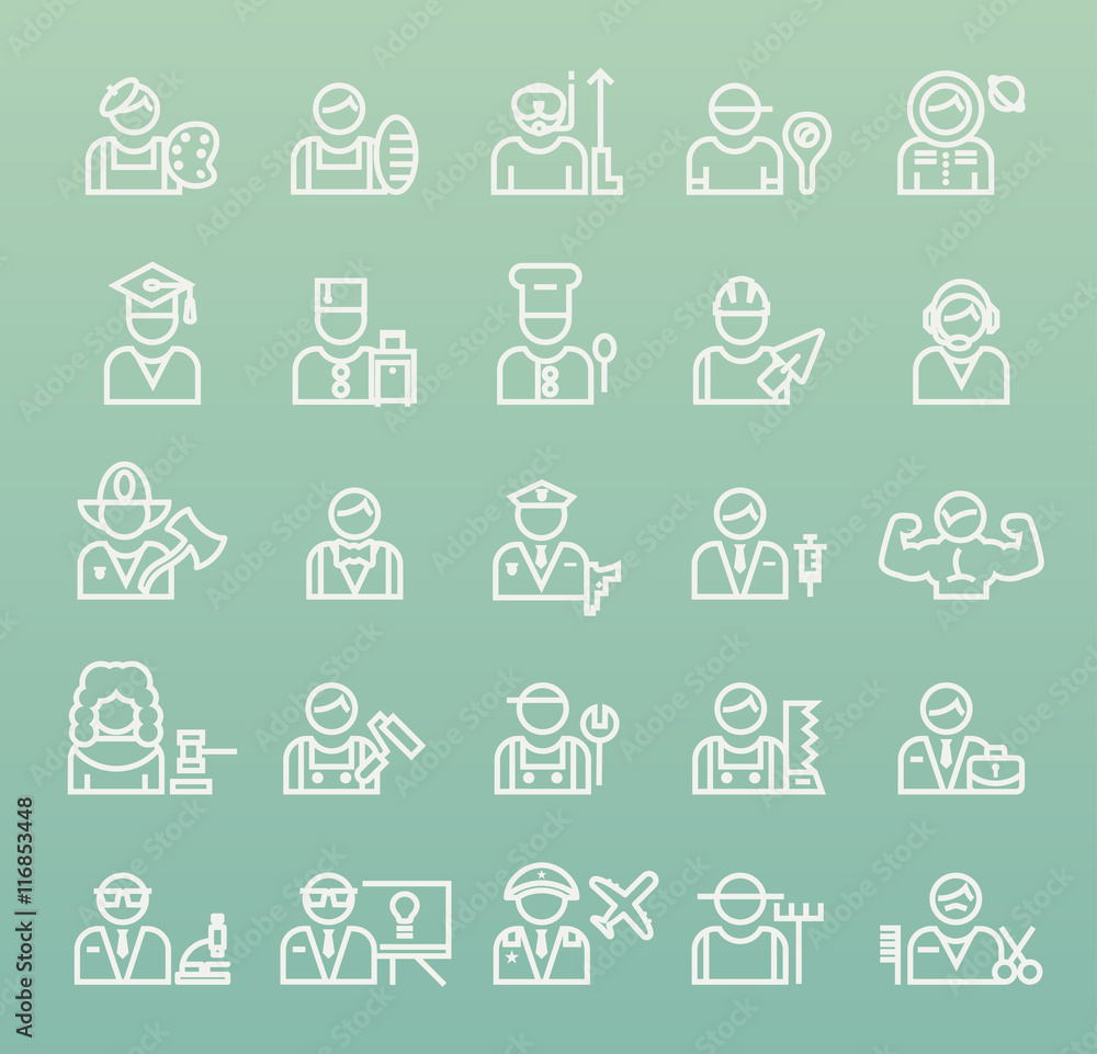 Poster set of quality universal standard minimal simple profession white thin line icons on color backgroun