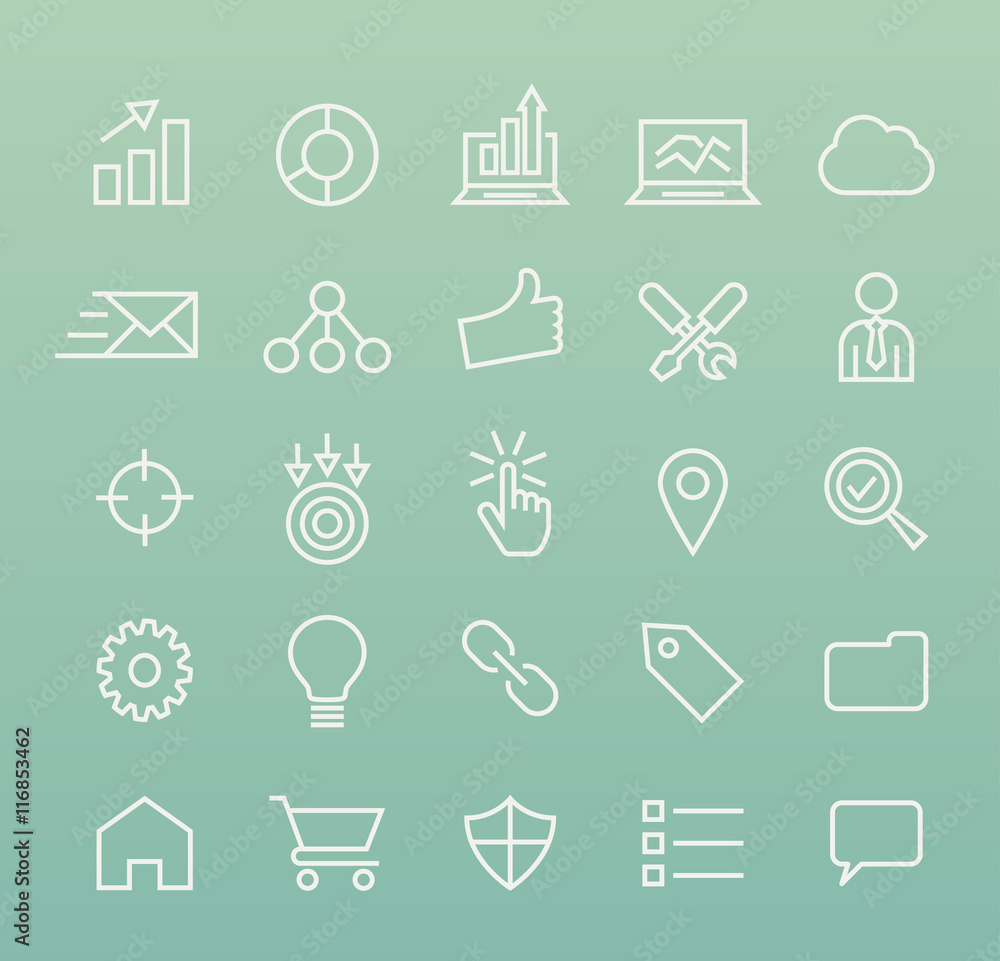 Aufkleber set of isolated quality universal standard minimal simple white seo and development thin line icons 