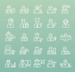 Set of Quality Universal Standard Minimal Simple Profession White Thin Line Icons on Color Background.