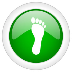 Green glossy round vector foot web icon