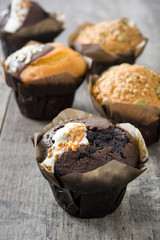 Muffins on a rustic wooden table

