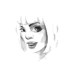 Woman face. Fashion watercolor illustration 1. Black and white