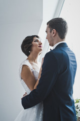Portrait of the newlyweds embracing against a large window 6457.