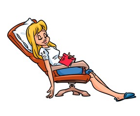 Girl sleeping tired chair cartoon illustration isolated image
