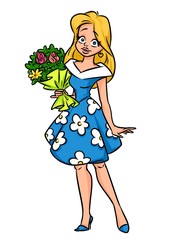 Beautiful blonde girl dress bouquet flowers cartoon illustration