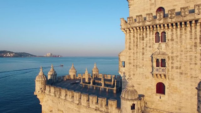 Belem Tower at morning Lisbon aerial view