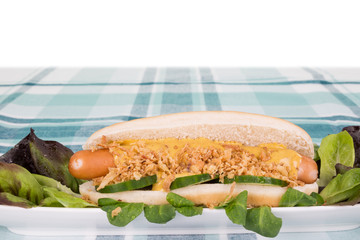 Fertiges HotDog mit Gurkenscheiben, Senfsoße und Röstzwiebeln. Serviert in einer weissen Schale...