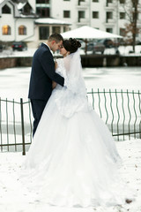 The brides embrace near frozen  lake