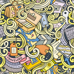 Cartoon doodles travel planning seamless pattern