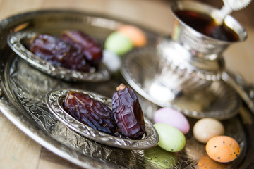 Dried Date fruit with tea / Medjool / Ramadan food.