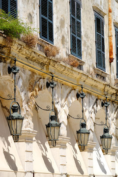 Corfu Liston Promenade architecture and details. Kerkyra island,