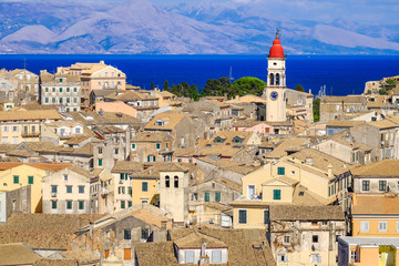 Corfu panorama over the old city and old clock tower, city symbo