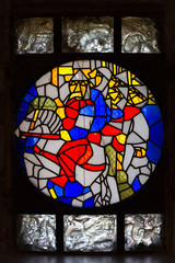 Close-up view of a vintage stained-glass window
