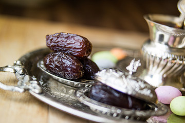 Dried Date fruit with tea / Medjool / Ramadan food.