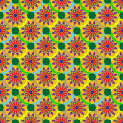 Geometric seamless pattern with fractal flower in yellow and red colors on deep green background