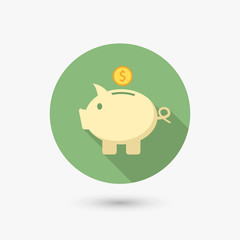 Flat style pig bank icon with long shadow. Isolated on white background. Vector illustration, eps 10.