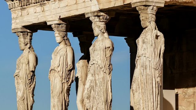 Marble Statues of Ancient Caryatids in Acropolis Motion Time Lapse