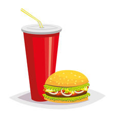 Colorful cartoon fast food icon on white background. Drink with a hamburger. Isolated vector illustration. Eps 10.