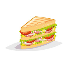 Colorful cartoon fast food icon on white background. Sandwich with salami and cheese. Isolated vector illustration. Eps 10.