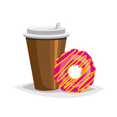 Colorful cartoon fast food icon on white background. Coffee and donut. Isolated vector illustration. Eps 10.
