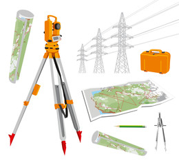 Surveying instruments - theodolite with maps and compasses, pencil, power lines. Isolated vector set illustrations on white background. Vector illustration. eps 10. - obrazy, fototapety, plakaty