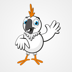 White funny cartoon hilarious parrot isolated on white background. Vector illustration. Eps 10.