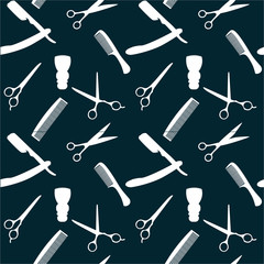 Barber Shop or Hairdresser background, seamless pattern with hairdressing scissors, shaving brush, razor, comb for man salon vector illustration
