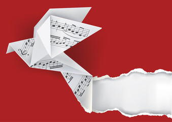 Naklejka premium Origami dove with musical notes. Origami paper pigeon with musical notes ripping paper background.Vector available. 