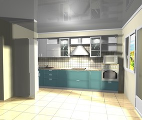 blue white kitchen modern style 3D rendering