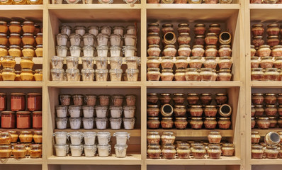 Canned products on the shelf in the store