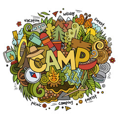 Summer camp hand lettering and doodles elements background